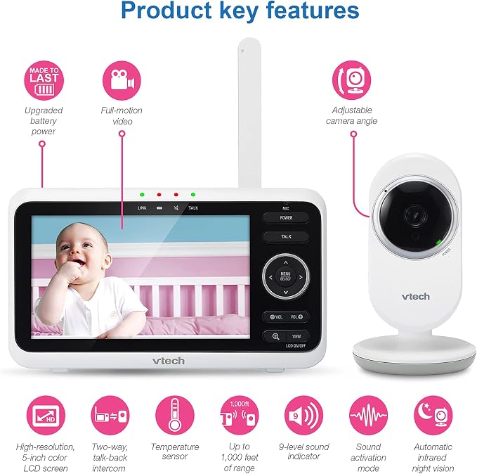 VTech Baby Monitor, No WiFi– 5" Color Screen, 12-Hour Battery, Night Vision, Temperature Sensor, 2-Way Talk, Lullabies, 1000ft Range | VM350