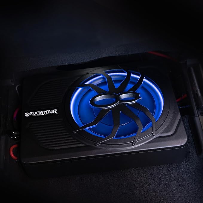 Seventour 10" Upgrade 800W Slim Under Seat Powered Car Subwoofer, Car/Truck Audio Sub Built in Amplifier amp Combo, with Blue LED Light (RGB LED Subwoofer+Installation Wire Kit)