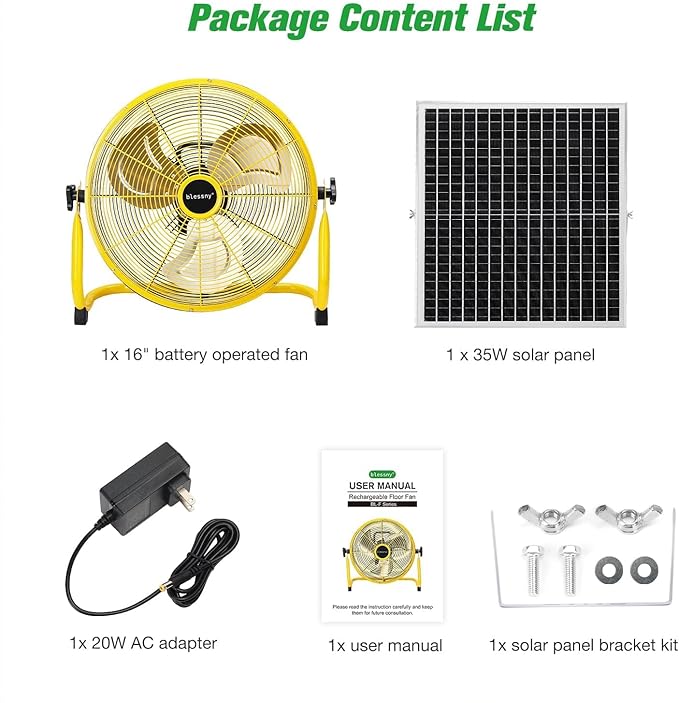 blessny 16" Large Solar Rechargeable Floor Fan with 35W Solar Panel for Home Outdoor Camping Gazebo Greenhouse Barn Poultry Pet House Cooling or Air Circulation, 23 Ft Long Cord