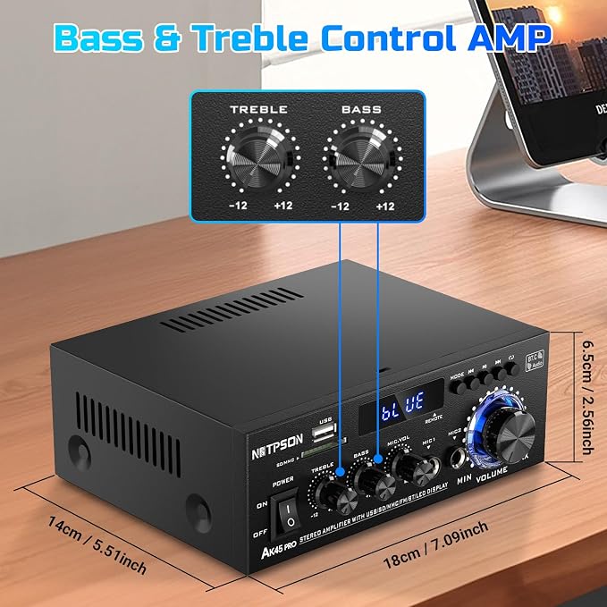 AK45 Bluetooth Stereo Receiver Amplifier,800W Home Audio Amp with FM Radio,USB/SD Inputs Remote Control, Wireless Power Amplifier for Home Theater Speakers,Karaoke,Garage Bookshelf Speakers
