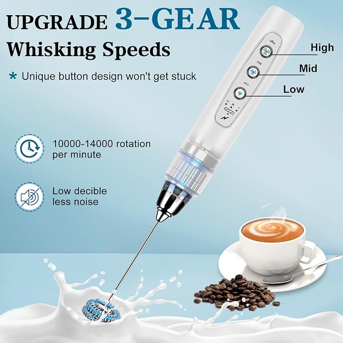 BSRGMS Milk Frother Handheld for Coffee, Electric Whisk 3 Speed Adjustable, Drink Mixer with Stainless 3 Whisks, Rechargeable Hand Frother Wand, Foam Maker for Latte Cappuccino Hot Chocolate Egg White