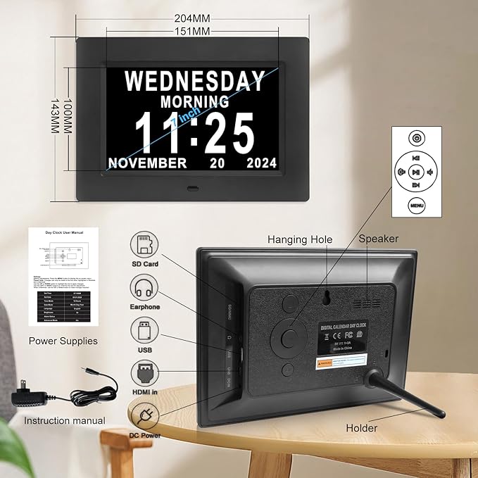 Johnziny 7 Inch Digital Clock with Day and Date for Elderly Large Display Digital for Elderly Dementia Clock Alarms, 12 Alarms and 8 Tags,4 Colors Display Calendar Alarm Clock(Black)