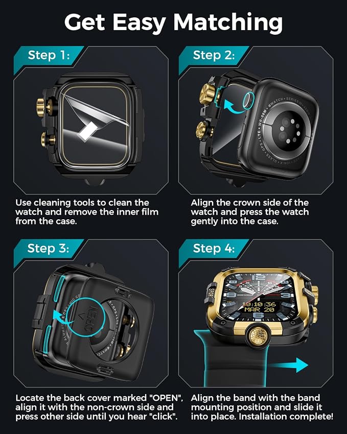 Goton Rugged Case and Band Kit with Screen Protector for Apple Watch 46mm, Compatible with Apple Watch Series 11/10, Full Body Shockproof Metal+PC Bumper Cover with Soft Band, 46mm Gold