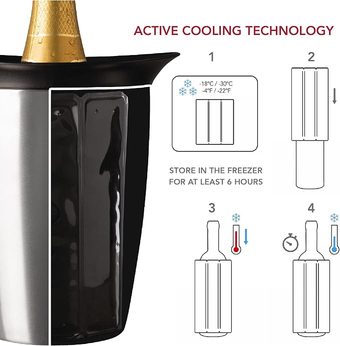 Vacu Vin Champagne Cooler – Stainless Steel Active Bottle Chiller – Includes Removable Cooling Sleeve – Keeps Champagne Cold for Hours – Stylish & Reusable Ice-Free Tabletop Cooler