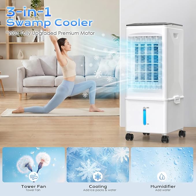 Portable Air Conditioners, Portable AC Unit, Evaporative Air Cooler w/2.5Gal Tank, Fast Cooling, 3 Speeds, Windowless Air Conditioner w/7H Timer, Swamp Cooler for Room Home Office Garage