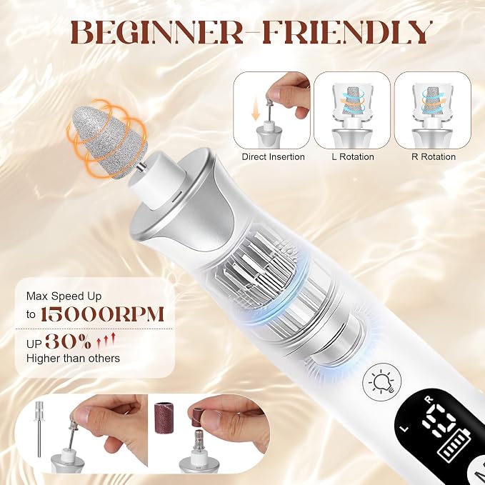 Cordless Electric Nail Drill,Professional Hand Feet Care Rechargeable File Kit,Gel Nail Polish Remover Machine with LED Display,Acrylic Gel Nail Polishing Removing (Silvery White Set)