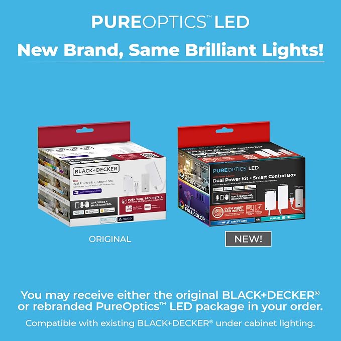 PureOptics LED Professional Push Wire Matter Certified Smart Under Cabinet Lighting 2-in-1 Power Kit, 48W Plug-in and Direct Wire, Smart Control Box, Compatible with Alexa, Apple Home, Google Home