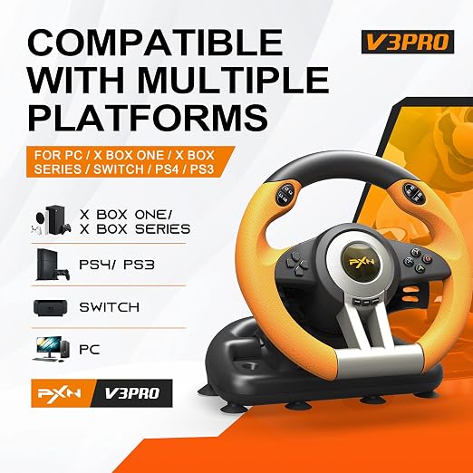 PXN PC Racing Wheel, V3 PRO 180 Degree Universal Usb Car Sim Race Steering Wheel with Pedals for PC, PS3, PS4, Xbox One, Xbox Series X/S, Switch (Orange)
