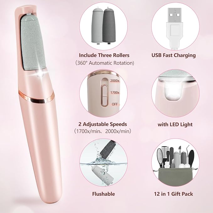Haootadiy Electric Foot Callus Remover Pedicure Kits Rechargeable with12 in 1, Removes Dry Skin for Smoother Feet and 9 Pack Pedicures Replacement Heads