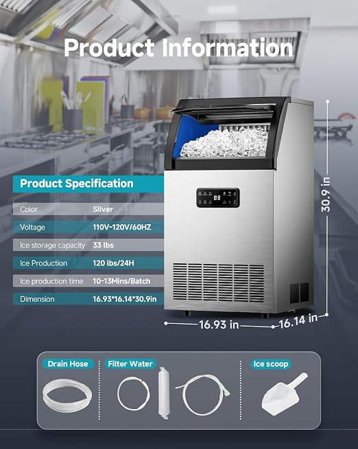 EUHOMY Commercial Ice Maker,120lbs/24H,Stainless Steel Under Counter Ice Machine with Water Filter,33lbs Storage Capacity, 45 Cubes in 8-12 Mins, Freestanding Ice Machine for Home/Bar/Cafe/Restaurant