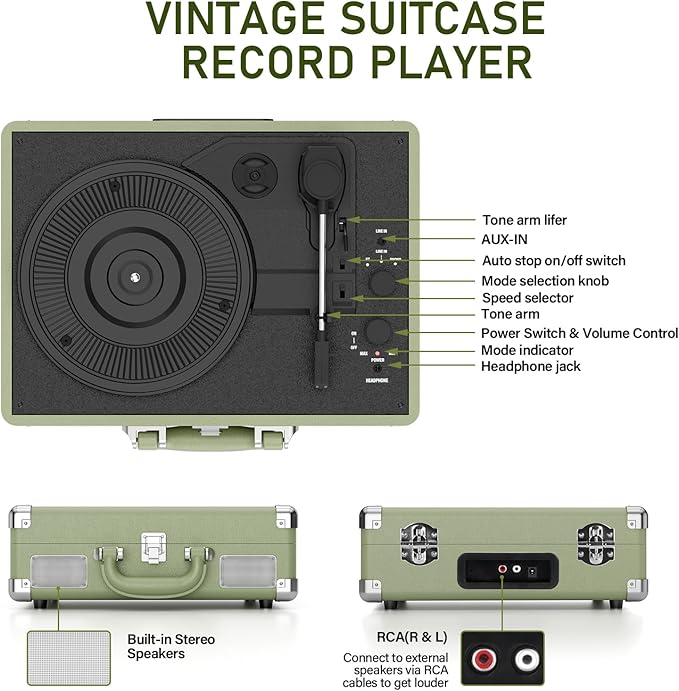 Vinyl Record Player 3-Speed Bluetooth Suitcase Portable Belt-Driven Record Player with Built-in Speakers RCA Line Out AUX in Headphone Jack Vintage Turntable,Aegean Green