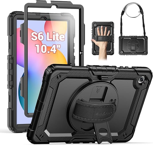SEYMAC Case for Samsung Galaxy Tab S6 Lite 10.4'' 2024/2022/2020 (SM-P620/P610/P615), Heavy Duty Full-Body Shockproof Protective Case with Screen Protector, Rotating Stand, Hand/Shoulder Strap, Black