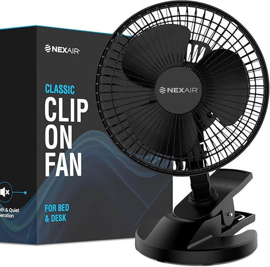 NEXAIR 6-Inch Portable Desk or Clip-on Fan with Two Quiet Speeds - Small Personal Cooling Fan for Desk, Home, Bedroom and Office, 180° Adjustable Tilt up- down 360° Rotation, Strong wide Clamp Grip
