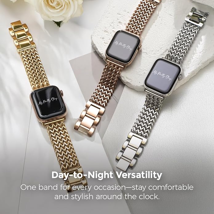 My Pretty Strap - Compatible Apple Watch Band Strap, Stainless Steel Fashion iWatch Replacement Strap- Easy Resizing, No Tool Needed, Fits Most Wrists- Series 1-11, SE and Ultra