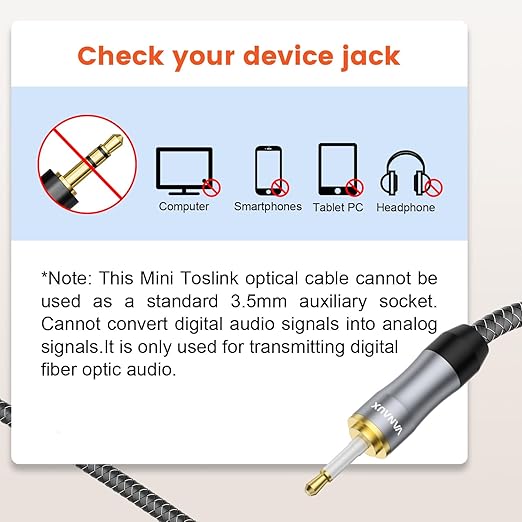 VANAUX Toslink to Mini Toslink Digital Optical Cable,S/PDIF Fiber Optic Audio Cable,24K Gold Plated for TV,Soundbars,Stereo Systems【Not A 3.5mm Auxiliary Plug】(3ft/1m)
