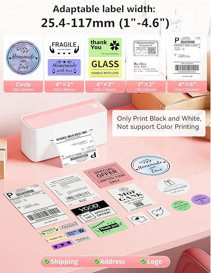 Phomemo 241BT 4X6 Wireless Shipping Label Printer & Digital Shipping Postage Scale 66lb with 59In Tape Measure,Pink Labels Printers for Shipping Package