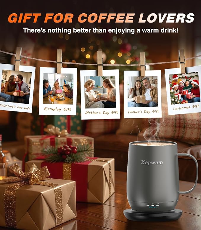 Kepwam Heated Coffee Mug Rechargeable T2, 16oz Smart Temperature Control, Up to 149℉, 150 Min Battery Life, Great Gift for Dad Mom