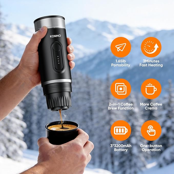 Portable Espresso Machine, Self-Heating, 15 Bar, Type-C Rechargeable, Works with Capsules & Ground Coffee, Coffee Maker for Camping, Hiking, Outdoor Travel, Car and RV, Business Trips