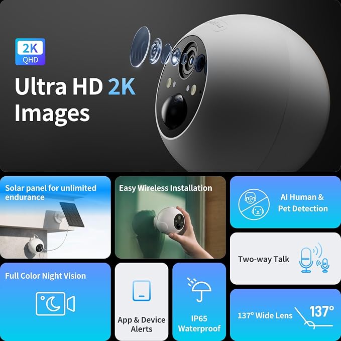SwitchBot Wireless Security Camera Kit, 2K Outdoor Camera with Solar Panel, Uninterrupted Surveillance for Home Security, Color Night Vision, AI Human/Pet Motion Detection, Works with Alexa, WiFi 2.4G