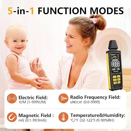 5-in‑1 EMF Detector, Electromagnetic Field Radiation Detector for EF, RF, MF, WiFi,5G Signal, Temperature/Humidity Measurement, Rechargeable EMF Meter for Home, Office, and Paranormal Investigation