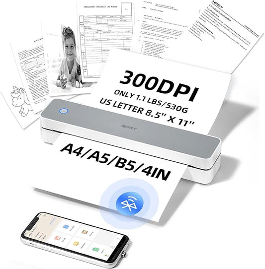 iDPRT Portable-Printer Wireless for Travel,300DPI Inkless Thermal Small Printers for Home Use,Office,Vehicles,Mobile Bluetooth Printer Supports 8.5" x 11" US Letter,for Smartphone & PC,White