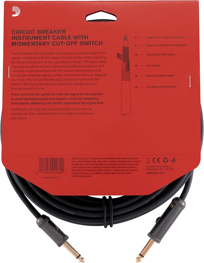D'Addario Guitar Cable - Guitar Lead - Mute Switch for Silent Instrument Changes - 1/4 Inch Male to 1/4 Inch Male - Circuit Breaker Cable - 30 Feet/9.14 Meters - Straight Ends - 1 Pack