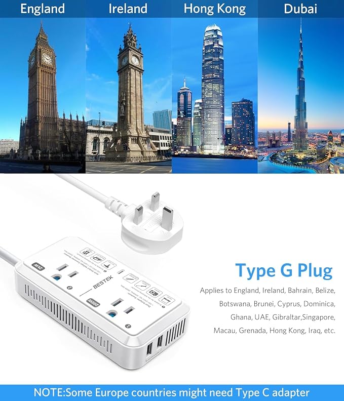 BESTEK US to UK Plug Adapter Voltage Converter 2000W 220V to 110V Converter with 2 USB Ports and Type G Adapter for UK Ireland Scotland and Hong Kong
