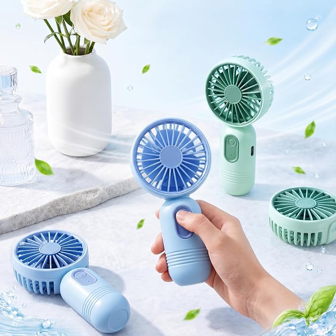 Rossesay 6 Pcs Mini Portable Fan Bulk Cute Handheld Lightweight Small Little Personal Hand Eyelash Fan 3 Speeds USB Rechargeable for Women Men Indoor Outdoor Makeup Travel (Blue,Green)