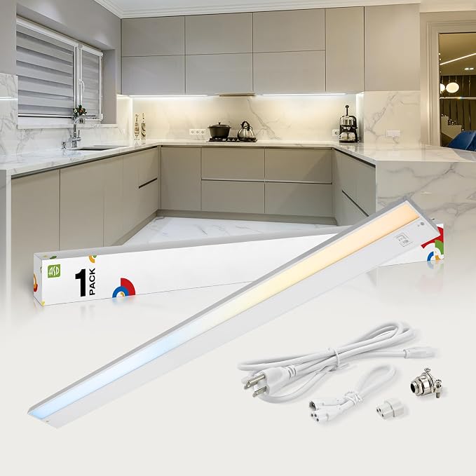 ASD LED Under Cabinet Lighting Plug in or Hardwired 48 Inch, Dimmable Under Cabinet Lights with High/Low/Off Switch, 3CCT 2700K-4000K, Linkable Under Counter Lights for Kitchen, ETL Listed, White