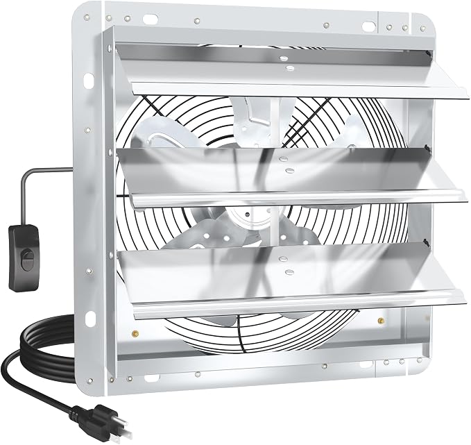 12 Inch Shutter Exhaust Fan, High-Speed 1600CFM Low Noise Attic Fan, Automatic Shutter, Ventilation and Cooling Vent Fan for Greenhouses, Garages, Shop, Chicken Coops, Gable, Shed