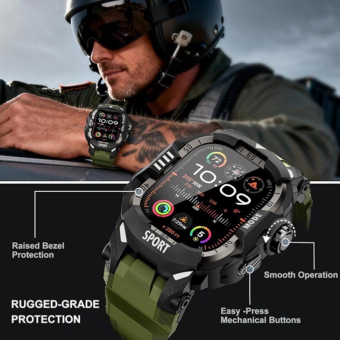 DABAOZA Rugged Case with Band Screen Protector Compatible with Apple Watch 49mm, for iWatch Ultra 3/2/1,Military Grade Shockproof Bumper and Men's Tactical Heavy Duty Strap(Army Green,49MM)