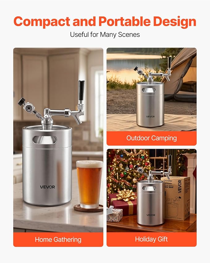 VEVOR 170oz Mini Keg, Pressurized Growler Tap System, 304 Stainless Steel Beer Kit, with Co2 Regulator, Self-Closing Faucet, Keeps Fresh and Carbonation for Homebrew, Craft and Draft Beer