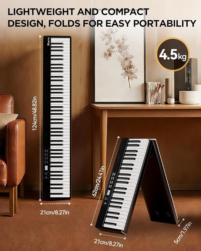 Rhymo 88 Key Portable Piano Keyboard, Semi-Weighted Folding Piano Full Size, Ultra Sound Upgrand Imitation Wood Texture Keyboard w/MIDI Bluetooth LCD Display Screen, Sustain Pedal for Beginners Adult