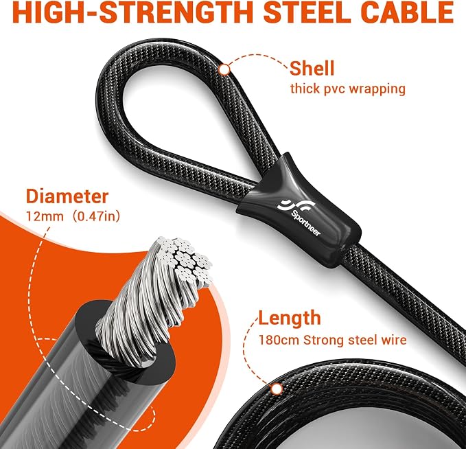 Sportneer Bike Lock: Heavy Duty Bike U Lock with 6ft Security Steel Cable - 18mm Shackle Bicycle U-Locks with Keys and Sturdy Mounting Bracket for Road Mountain Bike Bicycle, Size 11.5''x6.25''