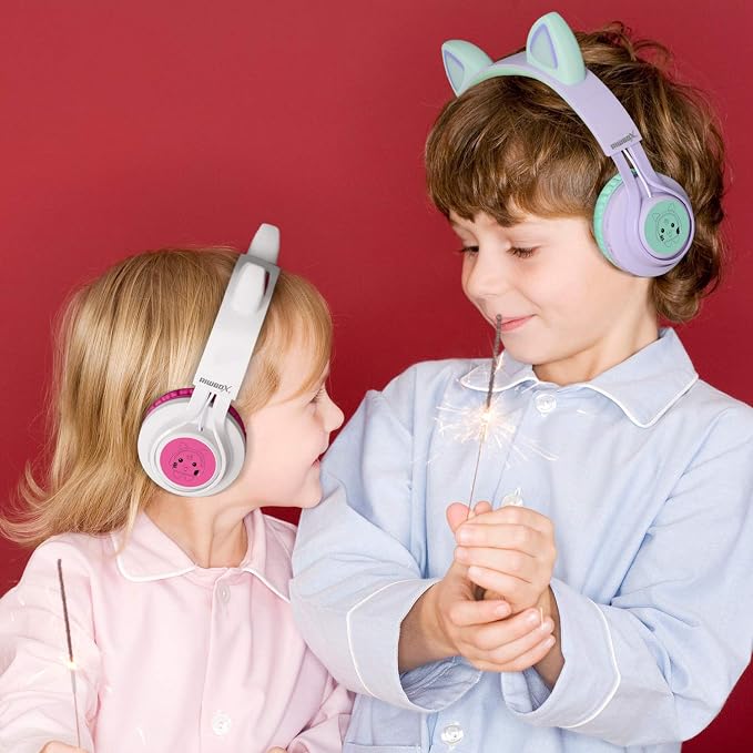 Riwbox CT-7 Cat Ear Bluetooth Headphones, LED Light Up Bluetooth Wireless Over Ear Headphones with Microphone and Volume Control for Travel/School/Smartphones/Laptop/PC/TV (White&Pink)