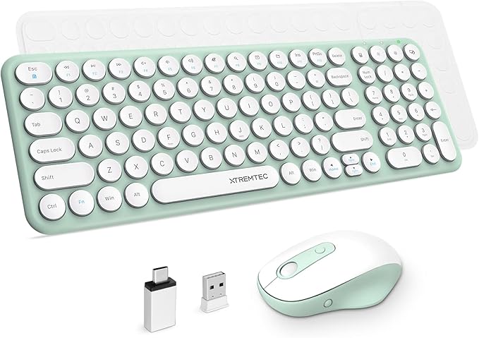 Wireless Keyboard and Mouse, XTREMTEC Compact Full Size Cute Keyboard Retro Round Keycap - 2.4GHz Ultra-Slim Quiet Aesthetic Keyboard for Laptop iMac Windows Computer (Macaron Green A)