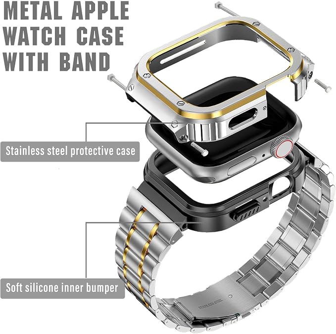 MioHHR Stainless Steel Watch Band with Case Compatible with Apple Watch Series 9/8/7(45mm),Rugged Strap with Metal Protective Bumper Cover for iWatch Band Men(Silver/Gold)