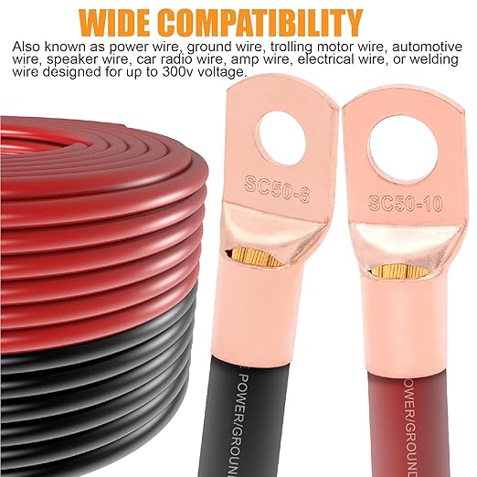 AWG 0 Gauge Wire (20Feet Black+20Feet Red) Copper Clad Aluminum,0 Gauge Battery Cable Wire Power Ground Cable,20pcs Lugs Terminal Connectors,Heat Shrink Tubing Suitable for Indoors,Outdoors,RV,Car