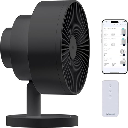 Windmill Smart Fan – Ultra-Quiet 2-in-1 Air Circulator with Remote – 5-Speed Compact Cooling Fan – Whisper-Quiet - App Compatible – Black
