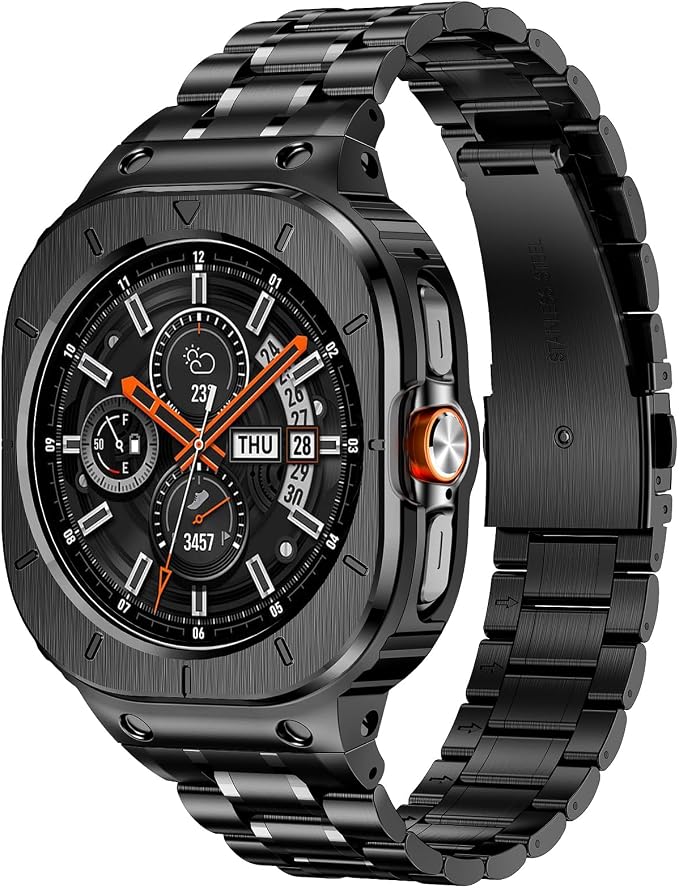 BAITEYOU Stainless Steel Bands with Case Compatible with Samsung Galaxy Watch Ultra 2/1 47mm (2025 2024), Rugged Protector Cover Metal Band for Galaxy Watch 7 8 Ultra for Men (Black)