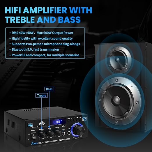 Bluetooth 5.0 Audio Amplifier Receivers-AK45 HiFi Stereo Mini Power Amplifier RMS 40W x 2 Max. 600W 2.0 Channel Home Theater Audio Components Speakers Amp W/MIC,USB, RCA,FM Radio