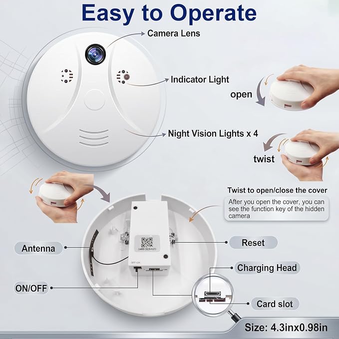 Hidden Spy Smoke Detector Camera, Indoor Wireless Nanny Cam | Hd 1080p, Motion Detection, Loop Recording, Wifi Connectionl, Night vision function, Visible Ceiling Mount For Home/Office