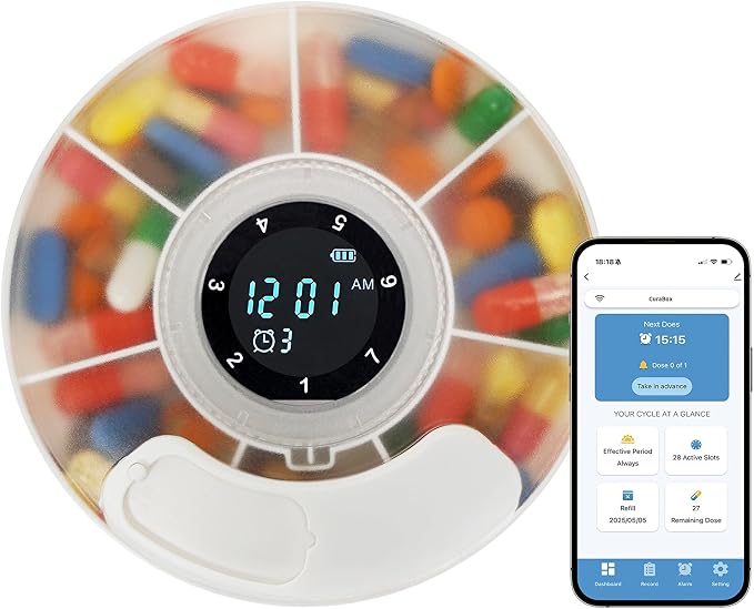 Bluetooth Auto Pill Dispenser w/App Alerts & Alarm Weekly Medicine Pill Organizer with Clear LCD, Tracks Adherence History, Portable for Travel, Large Compartment for Vitamin, Supplements, Fish Oil