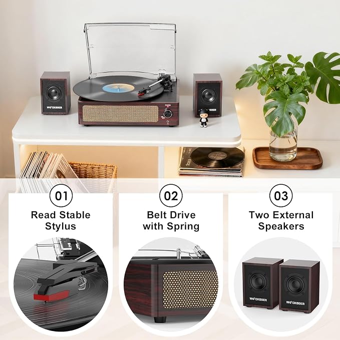 Record Player with External Bookshelf Speakers Belt-Drive Vintage Turntable for Vinyl Records Passive Dual Stereo Speakers LP Players 3 Speed Wireless AUX Headphone Auto Stop Retro Wooden Dark Red