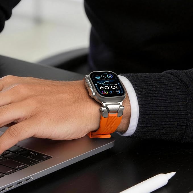 ULTIMAL Rugged Band for Apple Watch Ultra 3/2/1 49mm, Series 11/10/9/8/7/6/5/4 SE 46mm/45mm/44mm, Waterproof, Soft TPU Strap with Stainless Steel Buckle & Connectors, Sweat-Resistant, Easy to Clean, Fits 155-225mm Wrist (Titanium/Orange)