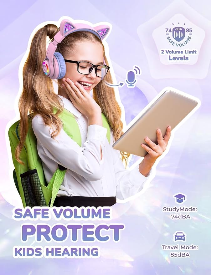 iClever Cat Ear Kids Bluetooth Headphones, LED Lights Up, 74/85dBA Safe Volume Limited, 50H Playtime,Bluetooth 5.2, USB C,Kids Headphones Wireless Over Ear for Travel iPad Tablet, Meow Macaron-Purple