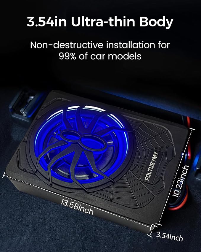 FOLTUSYMY 1200W 10" Slim Under Seat Powered Car Subwoofer, High/Low Level Input, Car/Truck Audio Sub Built-in Amplifier amp Combo Package, with Blue LED Light