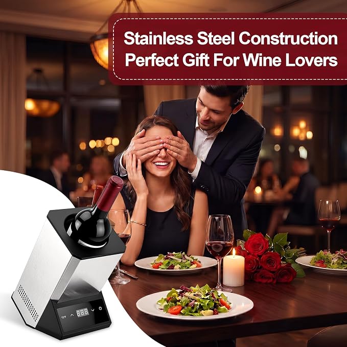Electric Wine Chiller Single Bottle, Adjustable 41-64°F Fits 750ml Bottles | Iceless & portable design, supports 24-hour use. Suitable for home bar, gatherings, countertop and holiday gift