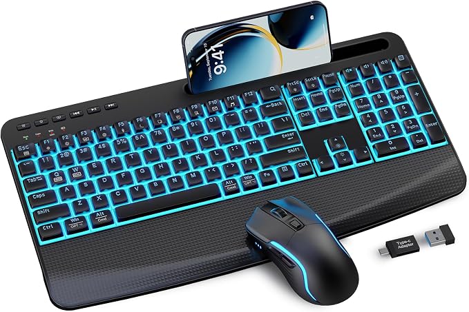Wireless Keyboard and Mouse Combo,SABLUTE KM25Pro Rechargeable Backlit Ergonomic Keyboard with 4000mAh Battery, Wrist Rest and Phone Holder, Quiet for PC/Mac/Laptop/Windows/Chrome OS