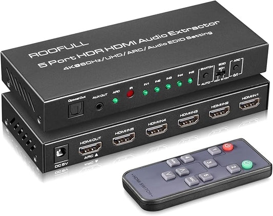 ROOFULL 5 Port 4K@60Hz HDMI Switch with Optical & 3.5mm AUX Audio Out, 5 in 1 Out HDMI 2.0 Switch Audio Extractor with Remote, Support ARC, HDR 10, HDCP 2.2, 18Gbps, Dolby Vision/Atmos, 3D, 1080P